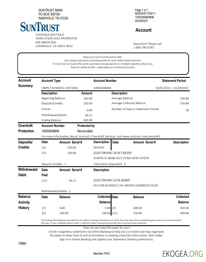Modèle de relevé bancaire USA Georgia SunTrust au format Excel et PDF